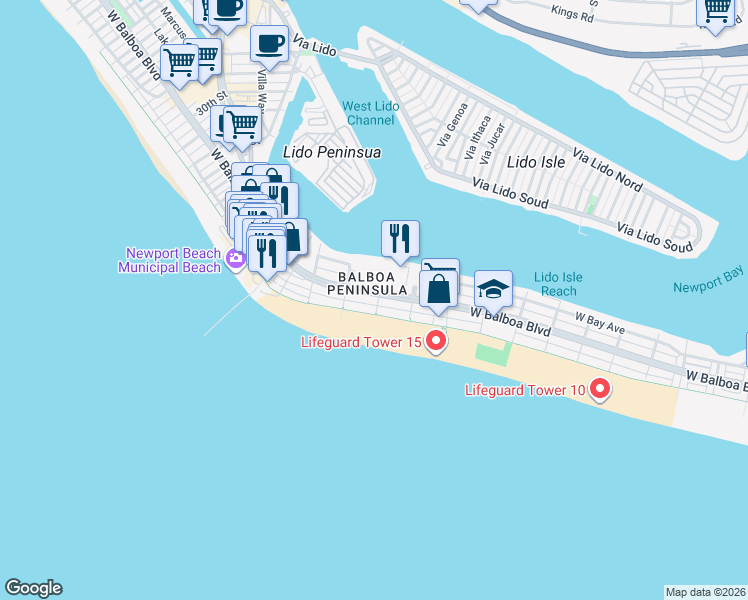 map of restaurants, bars, coffee shops, grocery stores, and more near 1701 West Balboa Boulevard in Newport Beach