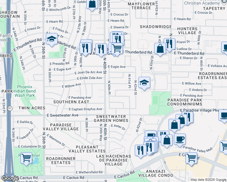 map of restaurants, bars, coffee shops, grocery stores, and more near 12220 East Andorra Drive in Phoenix