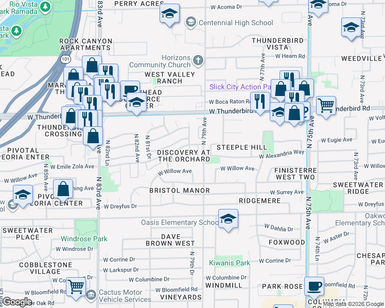 map of restaurants, bars, coffee shops, grocery stores, and more near 7977 West Wacker Road in Peoria