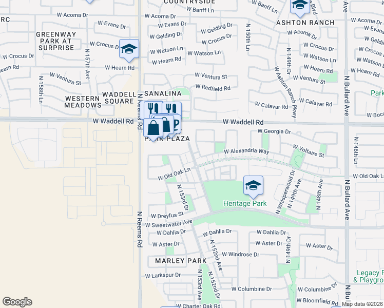 map of restaurants, bars, coffee shops, grocery stores, and more near 13554 North 152nd Drive in Surprise