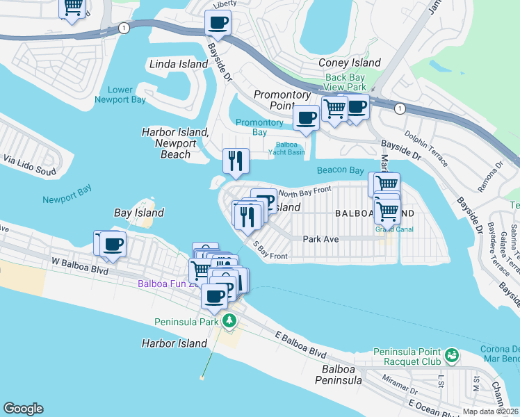 map of restaurants, bars, coffee shops, grocery stores, and more near in Newport Beach