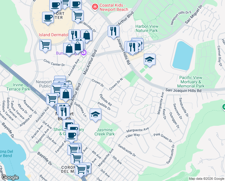map of restaurants, bars, coffee shops, grocery stores, and more near 35 Beachcomber Drive in Newport Beach
