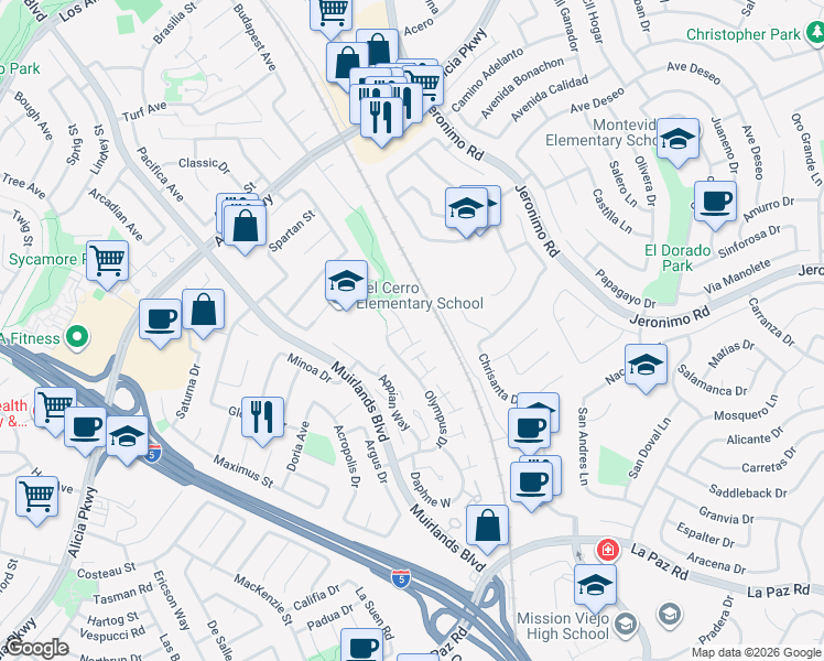 map of restaurants, bars, coffee shops, grocery stores, and more near 24452 Verena Court in Mission Viejo