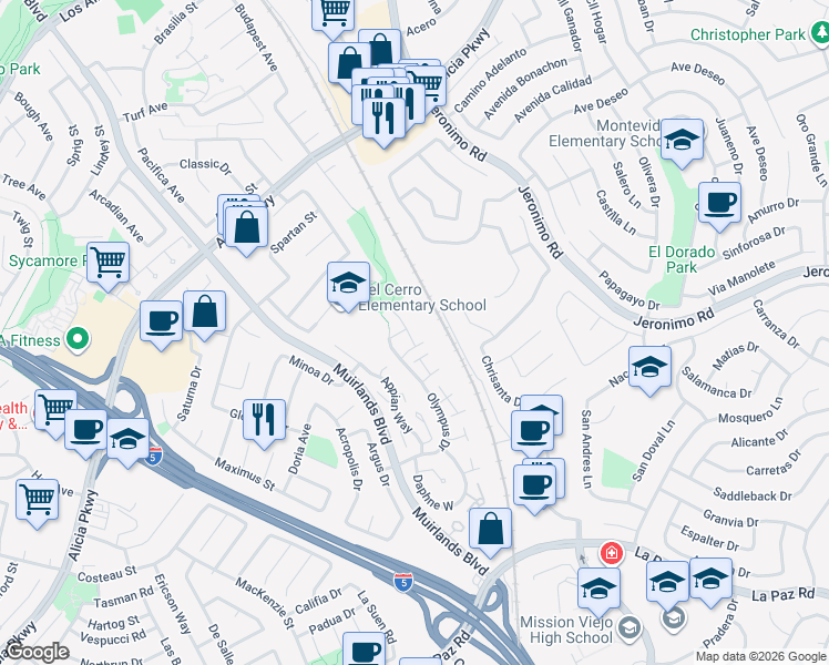 map of restaurants, bars, coffee shops, grocery stores, and more near 24452 Verena Court in Mission Viejo