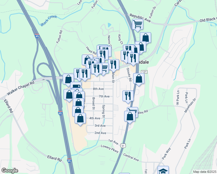 map of restaurants, bars, coffee shops, grocery stores, and more near 1502 Main Street in Fultondale