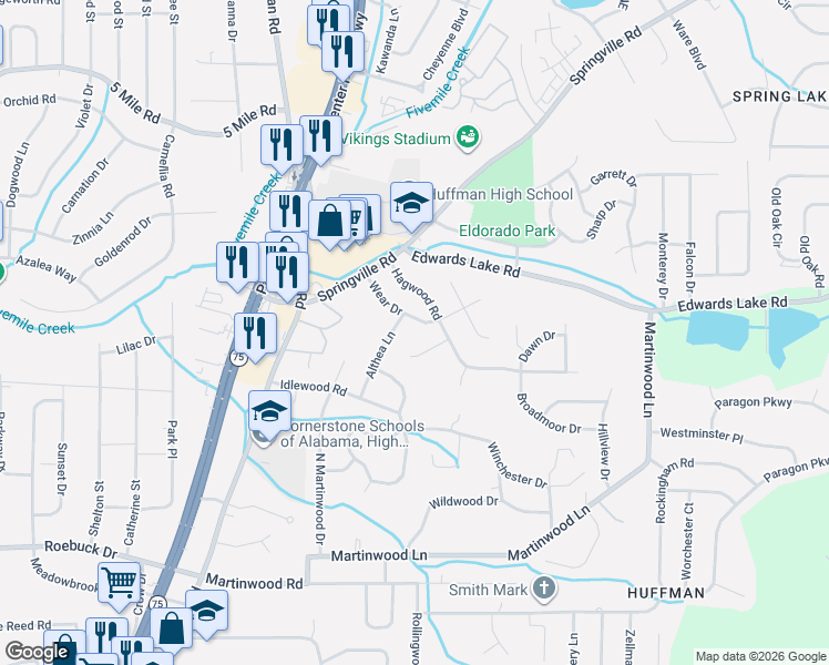 map of restaurants, bars, coffee shops, grocery stores, and more near 833 Wear Drive in Birmingham