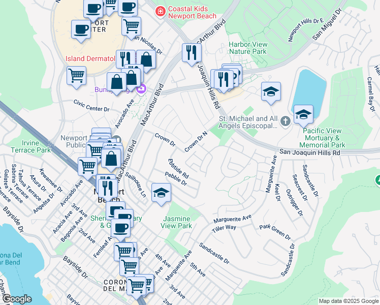 map of restaurants, bars, coffee shops, grocery stores, and more near 35 Beachcomber Drive in Newport Beach