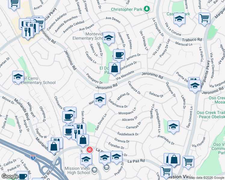 map of restaurants, bars, coffee shops, grocery stores, and more near 26511 Naccome Drive in Mission Viejo