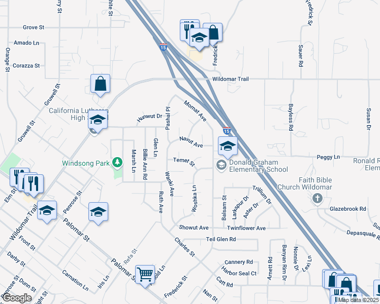 map of restaurants, bars, coffee shops, grocery stores, and more near 35378 Chiwi Circle in Wildomar