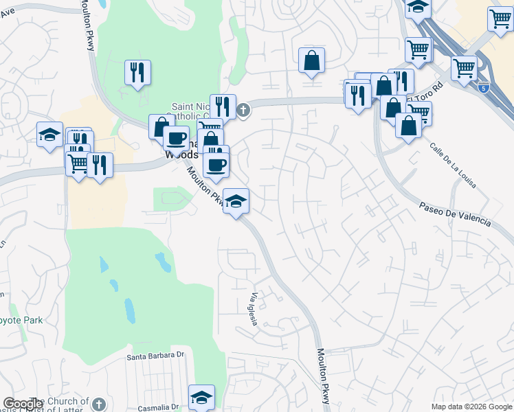 map of restaurants, bars, coffee shops, grocery stores, and more near 717 Avenida Majorca in Laguna Woods