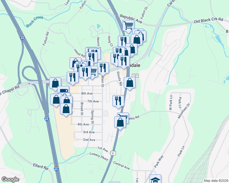 map of restaurants, bars, coffee shops, grocery stores, and more near 899 Cody Circle in Fultondale
