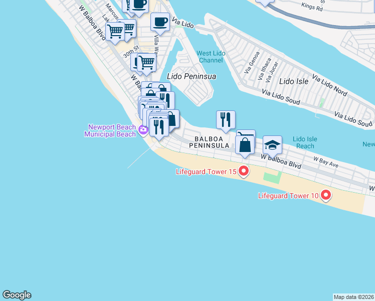 map of restaurants, bars, coffee shops, grocery stores, and more near 1816 West Oceanfront in Newport Beach