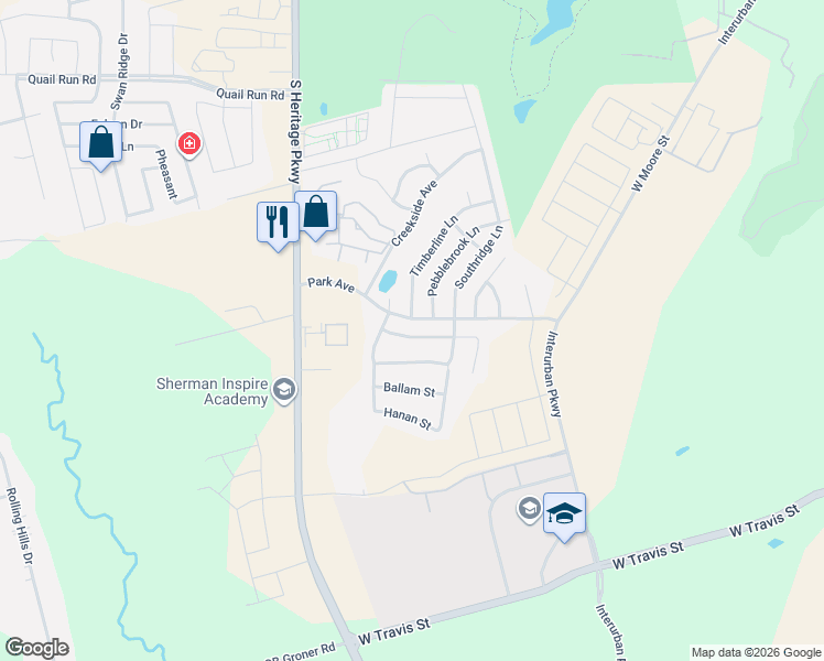 map of restaurants, bars, coffee shops, grocery stores, and more near 3415 Sherbrooke Place in Sherman
