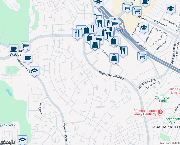 map of restaurants, bars, coffee shops, grocery stores, and more near 38 Calle Aragon in Laguna Woods