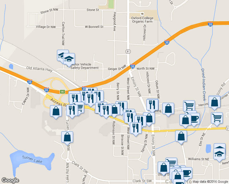 map of restaurants, bars, coffee shops, grocery stores, and more near 6105 Eberhardt Street Northwest in Covington