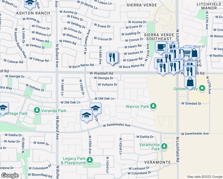 map of restaurants, bars, coffee shops, grocery stores, and more near 14305 West Voltaire Street in Surprise