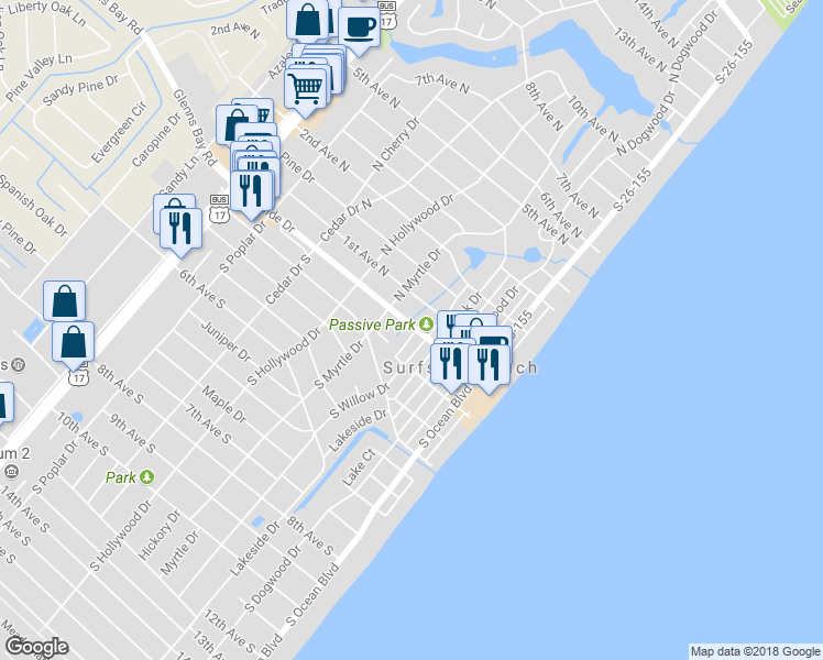 map of restaurants, bars, coffee shops, grocery stores, and more near 116 Surfside Drive in Surfside Beach
