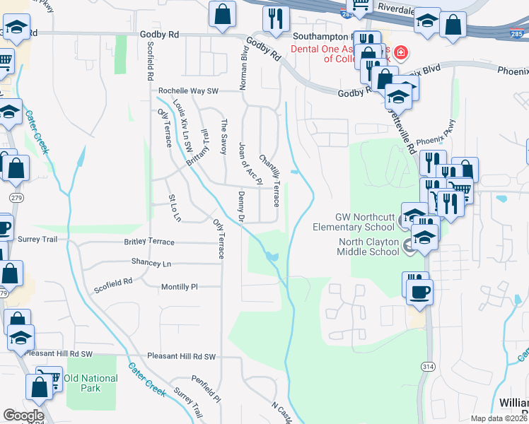 map of restaurants, bars, coffee shops, grocery stores, and more near 5330 Joan of Arc Place in Atlanta