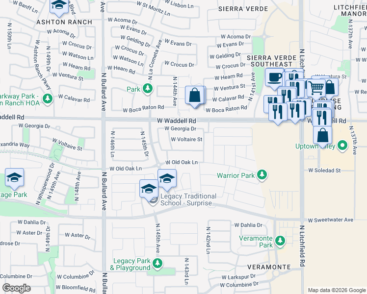 map of restaurants, bars, coffee shops, grocery stores, and more near 14381 West Voltaire Street in Surprise