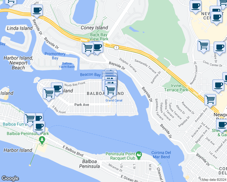 map of restaurants, bars, coffee shops, grocery stores, and more near 305 Grand Canal in Newport Beach