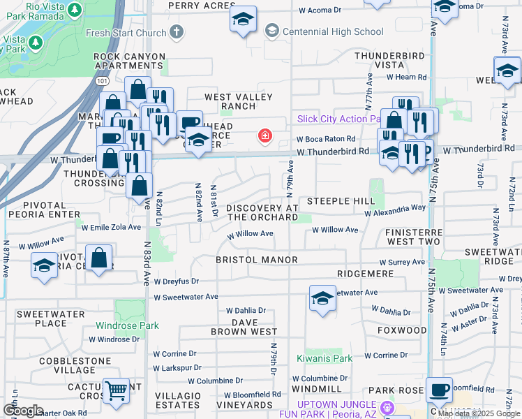 map of restaurants, bars, coffee shops, grocery stores, and more near 7977 West Wacker Road in Peoria