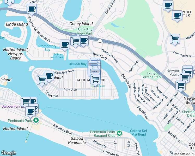 map of restaurants, bars, coffee shops, grocery stores, and more near 305 Grand Canal in Newport Beach