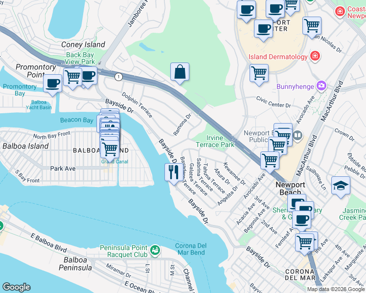 map of restaurants, bars, coffee shops, grocery stores, and more near 1521 Bayadere Terrace in Newport Beach