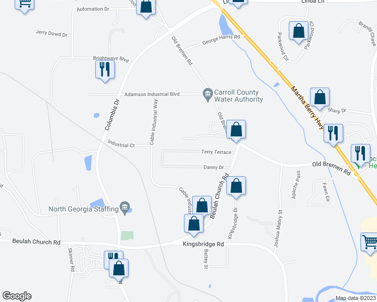 map of restaurants, bars, coffee shops, grocery stores, and more near 127 Terry Terrace in Carrollton