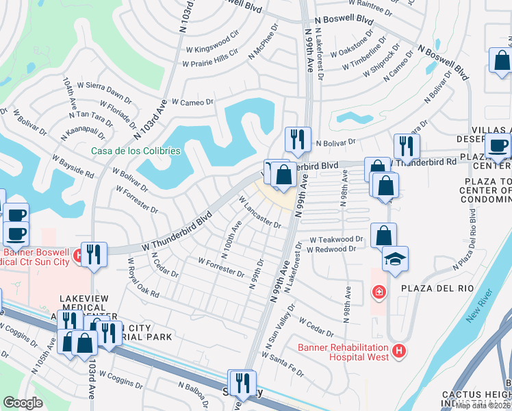 map of restaurants, bars, coffee shops, grocery stores, and more near 9922 North 99th Drive in Sun City