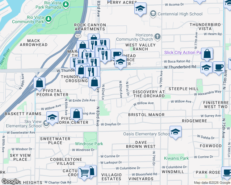 map of restaurants, bars, coffee shops, grocery stores, and more near 8226 West Eugie Avenue in Peoria