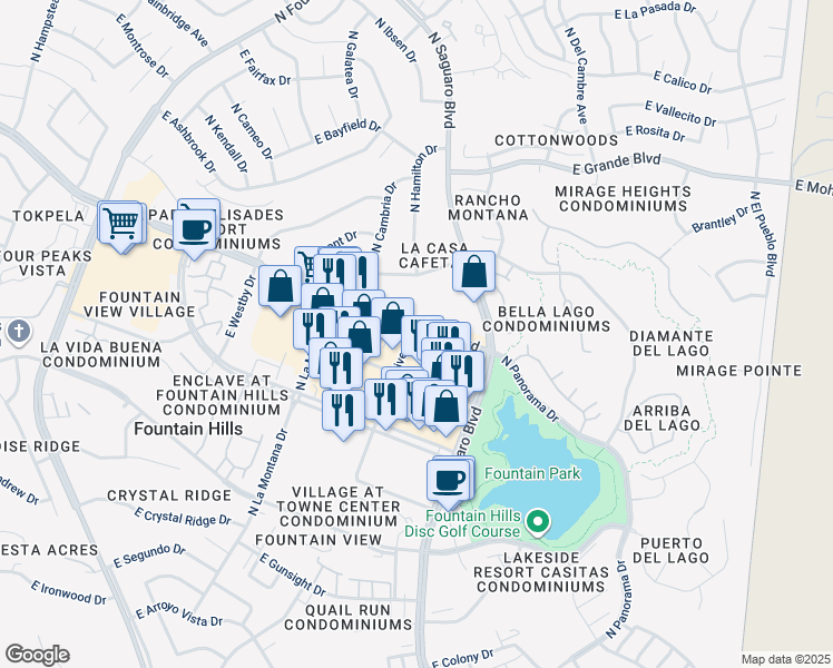 map of restaurants, bars, coffee shops, grocery stores, and more near 16837 East Palisades Boulevard in Fountain Hills