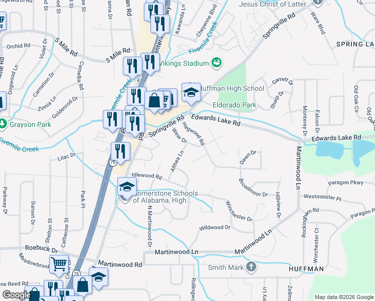 map of restaurants, bars, coffee shops, grocery stores, and more near 833 Wear Drive in Birmingham