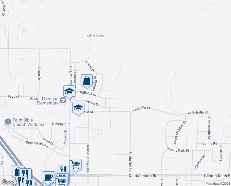 map of restaurants, bars, coffee shops, grocery stores, and more near 24383 Topacio Court in Wildomar