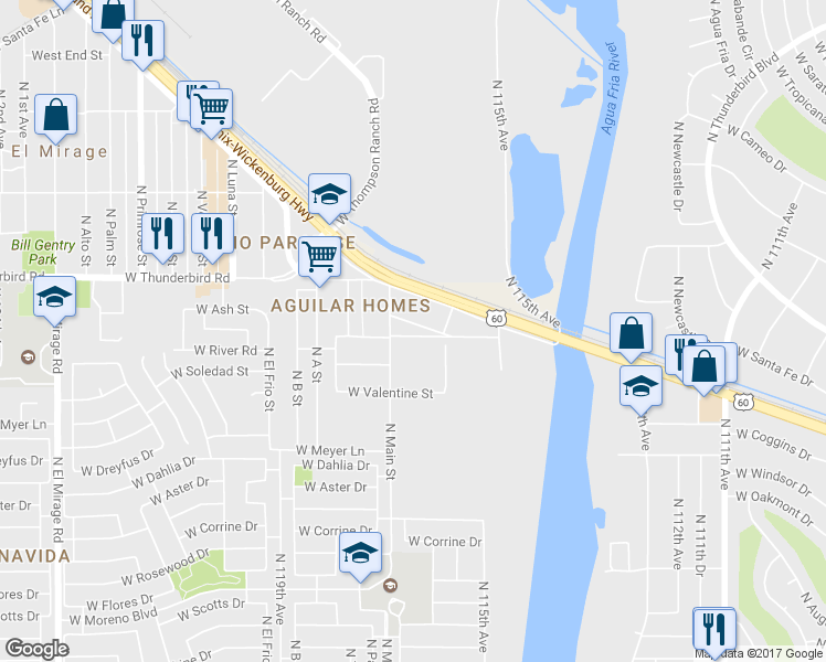 map of restaurants, bars, coffee shops, grocery stores, and more near 11625 West Ash Street in El Mirage
