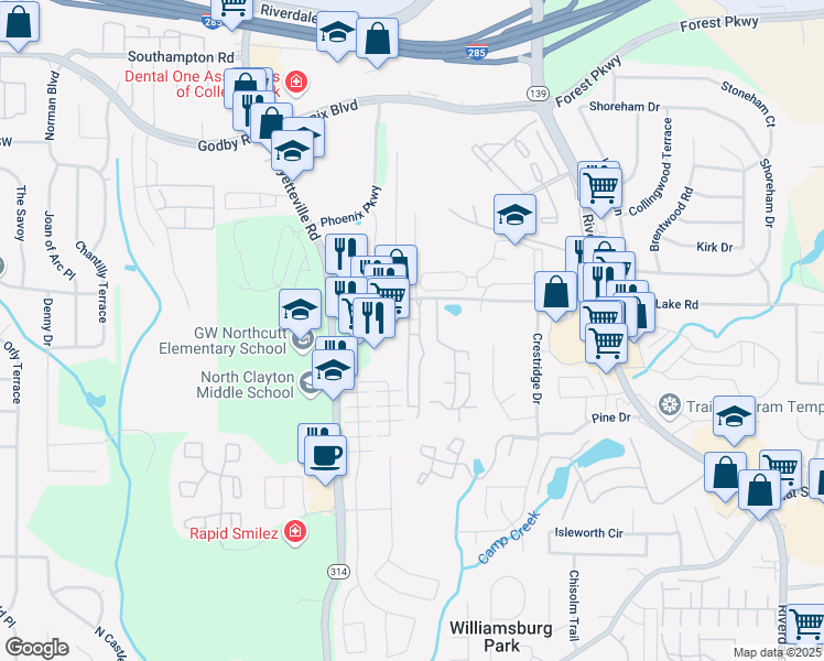 map of restaurants, bars, coffee shops, grocery stores, and more near 5433 Park Place South in Atlanta