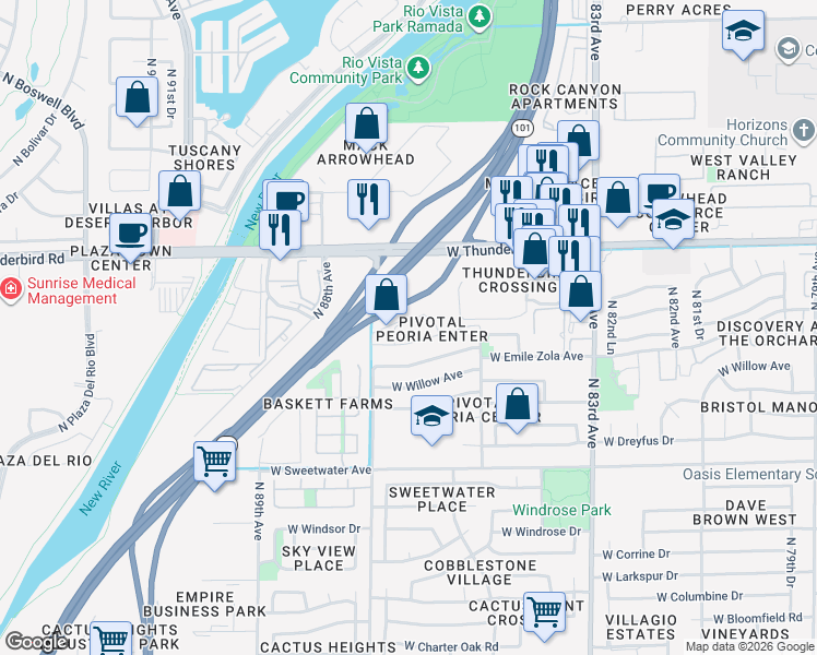map of restaurants, bars, coffee shops, grocery stores, and more near 8575 Voltaire Avenue in Peoria