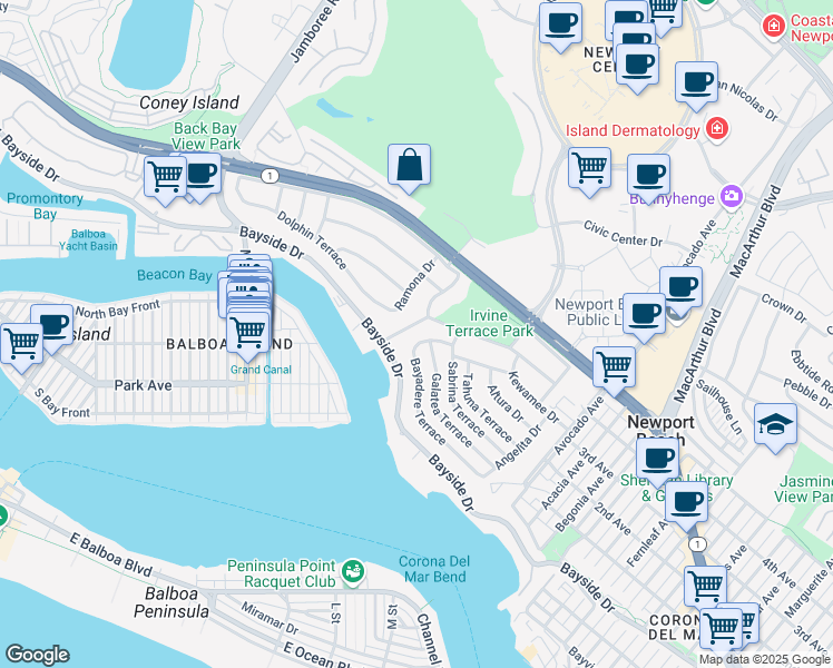 map of restaurants, bars, coffee shops, grocery stores, and more near 1521 Bayadere Terrace in Newport Beach