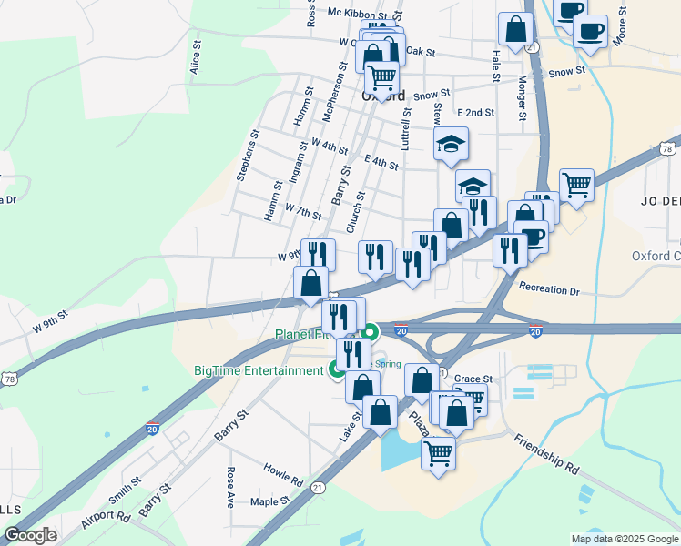 map of restaurants, bars, coffee shops, grocery stores, and more near 89 Hamric Drive West in Oxford
