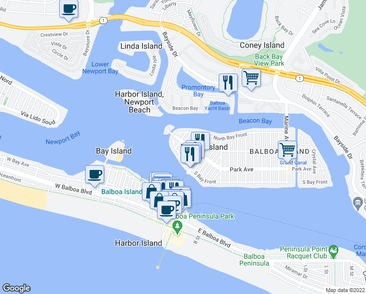 map of restaurants, bars, coffee shops, grocery stores, and more near 121 Garnet Avenue in Newport Beach