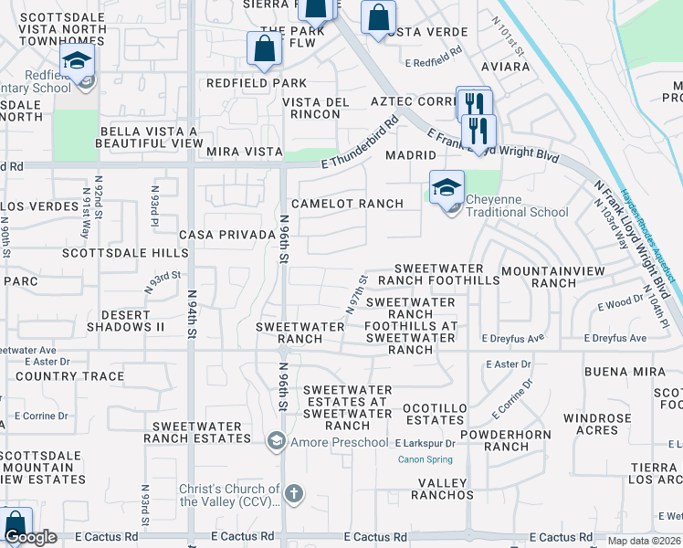 map of restaurants, bars, coffee shops, grocery stores, and more near 9665 East Sutton Drive in Scottsdale