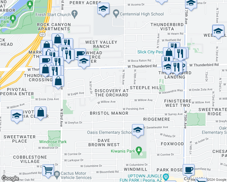 map of restaurants, bars, coffee shops, grocery stores, and more near 7977 West Wacker Road in Peoria