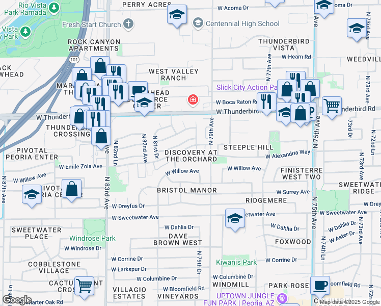 map of restaurants, bars, coffee shops, grocery stores, and more near 7977 West Wacker Road in Peoria