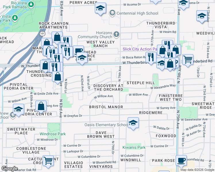 map of restaurants, bars, coffee shops, grocery stores, and more near 7977 West Wacker Road in Peoria