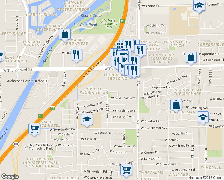 map of restaurants, bars, coffee shops, grocery stores, and more near 8482 West Rue De Lamour in Peoria