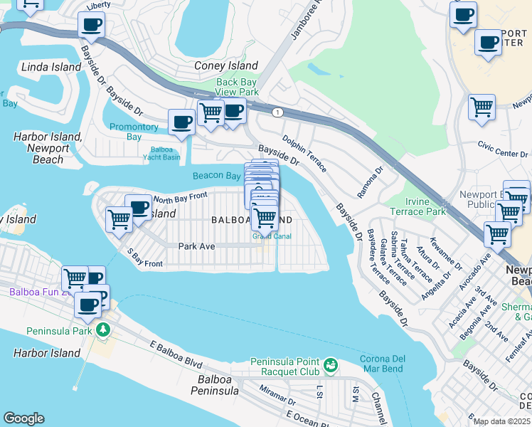 map of restaurants, bars, coffee shops, grocery stores, and more near 310 Marine Avenue in Newport Beach
