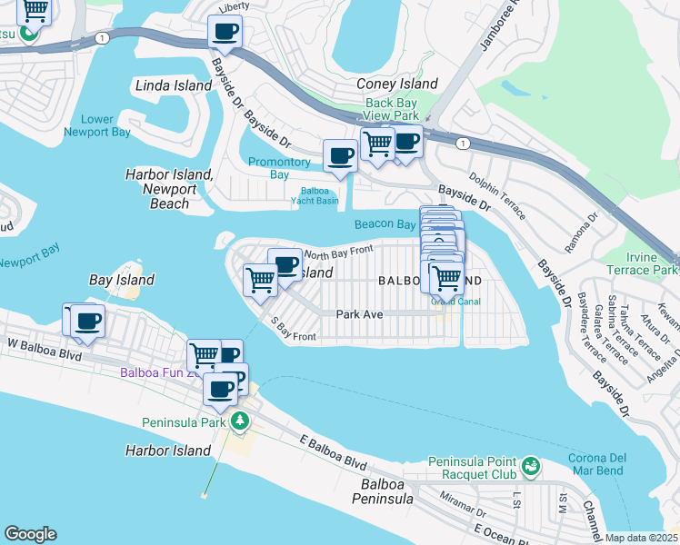 map of restaurants, bars, coffee shops, grocery stores, and more near 310 Diamond Avenue in Newport Beach
