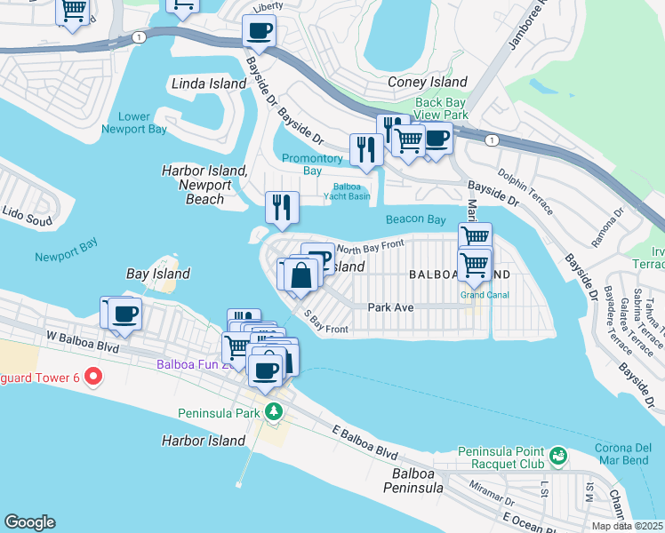 map of restaurants, bars, coffee shops, grocery stores, and more near in Newport Beach
