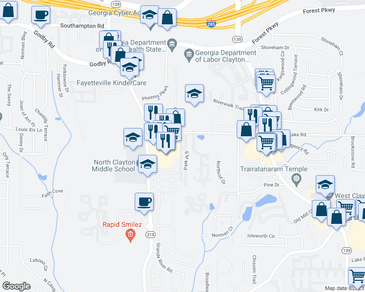 map of restaurants, bars, coffee shops, grocery stores, and more near 5433 Park Place South in Atlanta