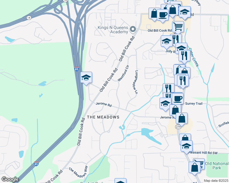 map of restaurants, bars, coffee shops, grocery stores, and more near 2760 Swansea Court in College Park