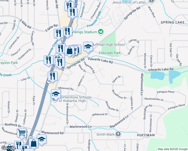 map of restaurants, bars, coffee shops, grocery stores, and more near 901 Hagwood Road in Birmingham